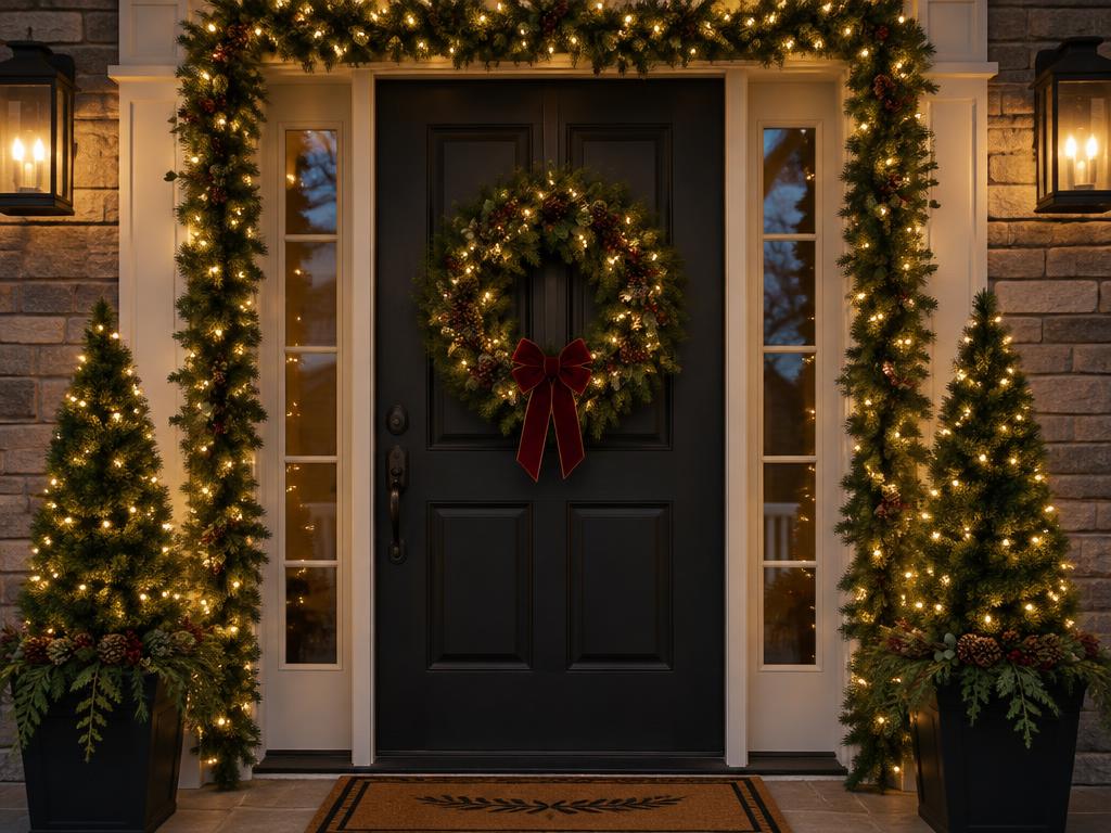 Front entry with lit wreath and garland