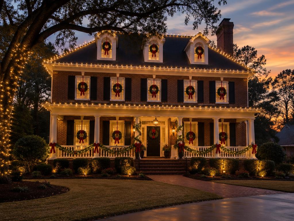 Brick home with roofline lights and window wreaths