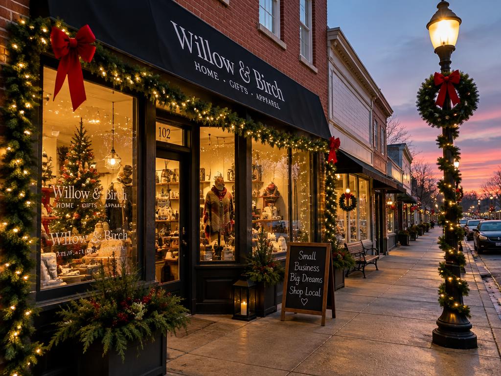 Storefront with garland and holiday lights