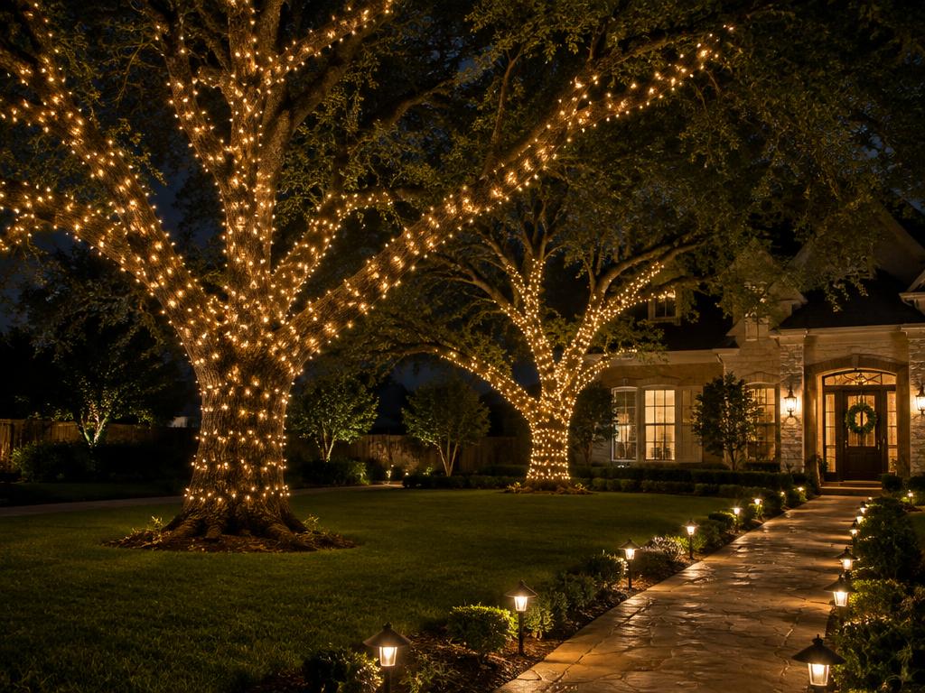 Oak trees wrapped in warm white lights
